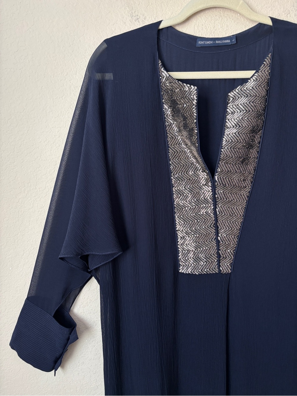 Rohit Gandhi + Rahul Khanna Crinkle Silk Beaded Placket Midi Formal Dress - Picture 8 of 14